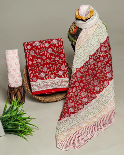 Pure Mulmul Cotton Dress Material 3pcs Red