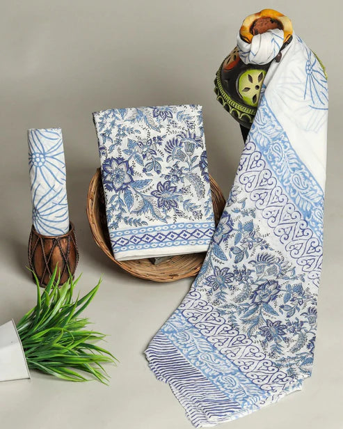 Pure Mulmul Cotton Dress Material 3pcs Blue