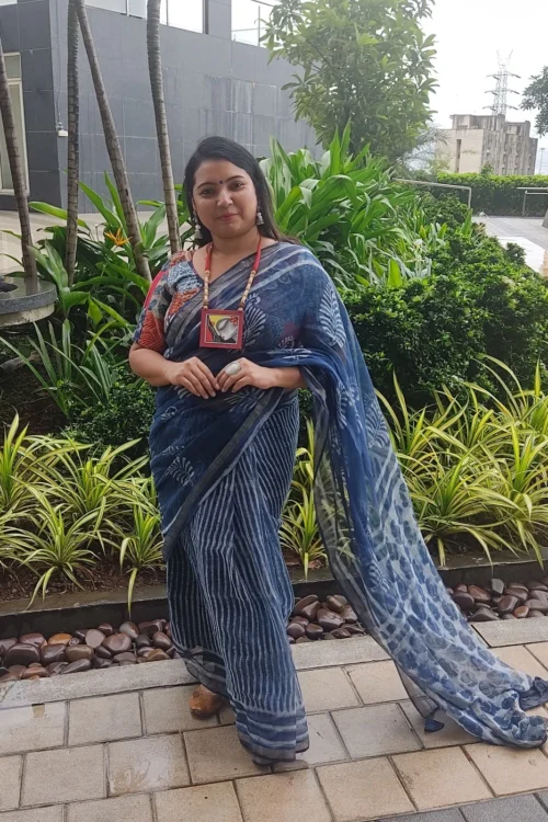 Indigo stripes Handblock printed Kota Saree