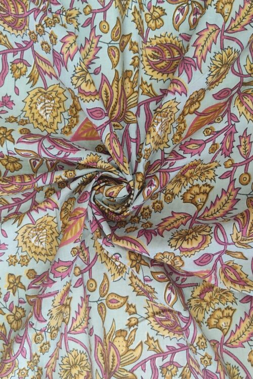 GREY FLORAL JAAL PATTERN HANDPRINTED COTTON FABRIC