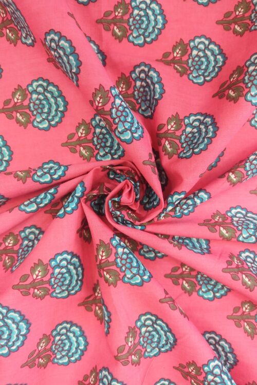 PINK FLOWER BUTTI HANDPRINTED COTTON FABRIC