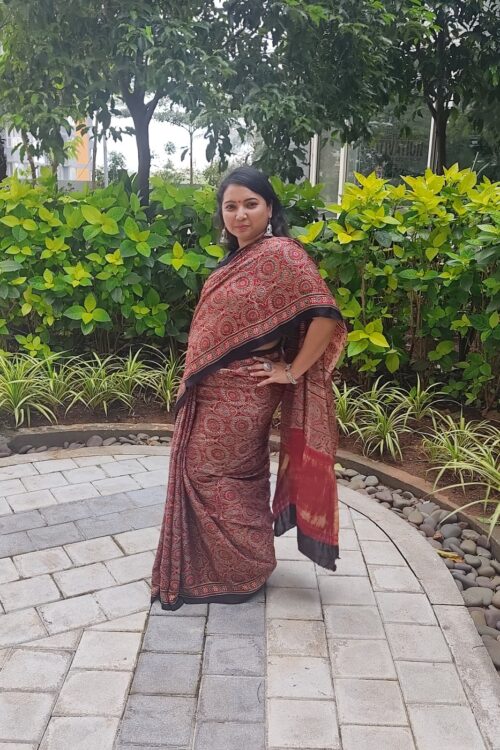 MAROON AJRAKH HANDBLOCK PRINTED SARI WITH LAGDI PATTA PALLU