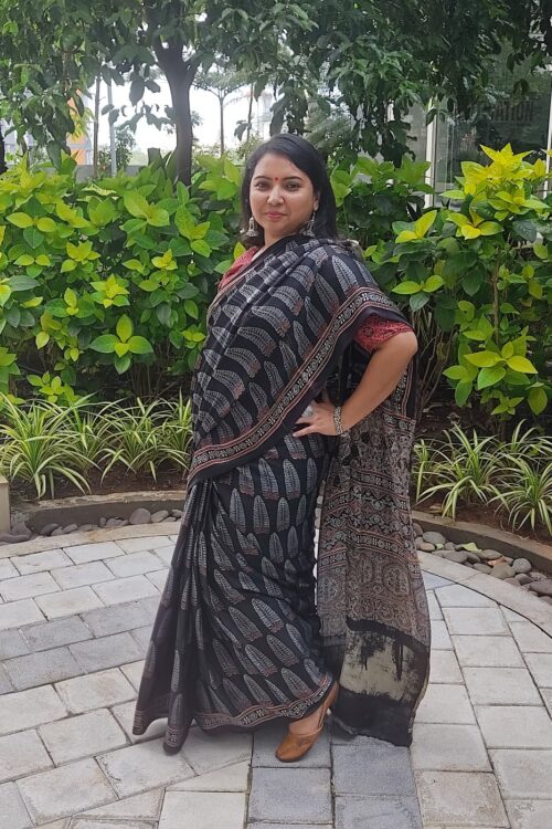 BLACK AJRAKH PRINTED SAREE WITH LAGDI PATTA PALLU