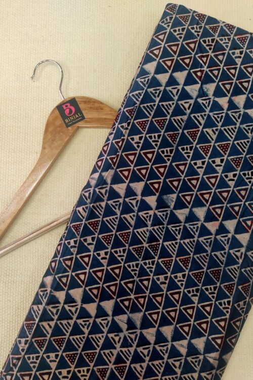 INDIGO TRIANGLE PATTERN AJRAKH HANDBLOCK PRINTED MUSHRU SILK FABRIC