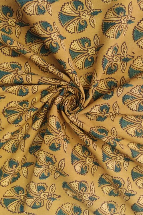 MUSTARD YELLOW FLORAL BUTTI AJRAKH PRINTED COTTON FABRIC