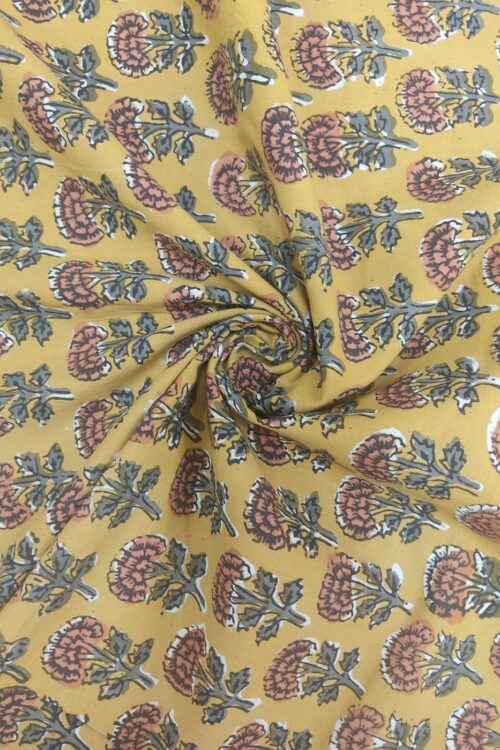 Mustard Floral Butti Kalamkari Handblock Print Cotton Fabric