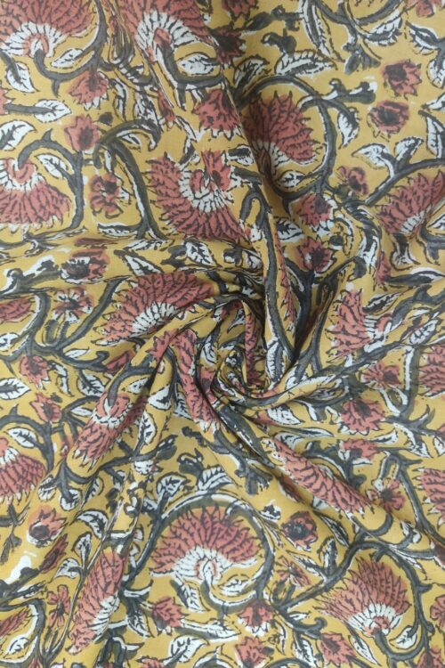 Mustard Floral Jaal Kalamkari Handblock Print Cotton Fabric