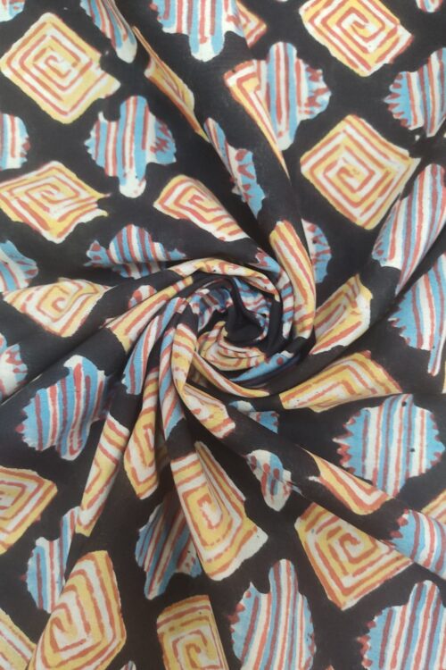 Black Geometrical Kalamkari Handblock Print Cotton Fabric