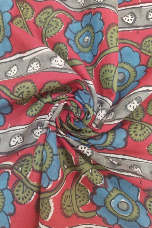 Red Floral Border Kalamkari Handblock Print Cotton Fabric