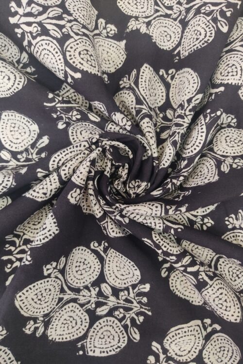 Black Bagru Big Leaf Butti Handblock Printed Cotton Fabric