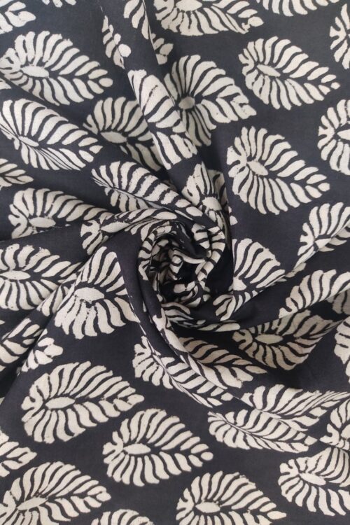 Black Bagru Leaf Butti Handblock Printed Cotton Fabric