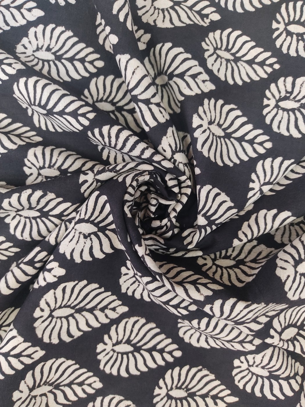 Black Bagru Leaf Butti Handblock Printed Cotton Fabric