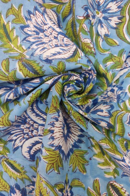 BLUE FLORAL JAAL HANDBLOCK PRINTED COTTON FABRIC