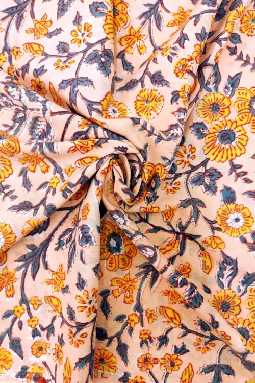 PEACH GREY JAAL HANDBLOCK PRINTED COTTON FABRIC