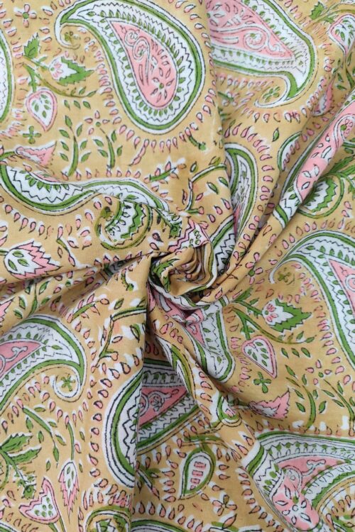 YELLOW PAISLEY HANDBLOCK PRINTED COTTON FABRIC