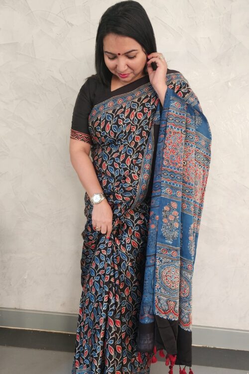 NATURAL DYES BLACK AJRAKH HANDBLOCK PRINTED SAREE