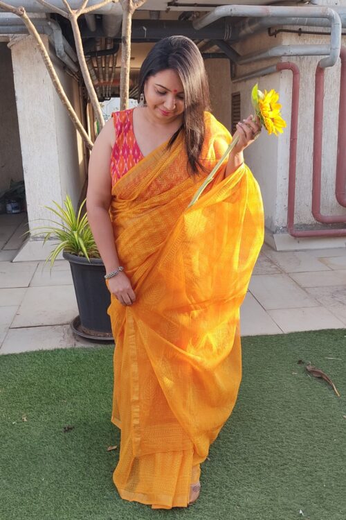 KHAT COLLECTION SUNKISS YELLOW HANDBLOCK PRINTED KOTA DORIA SAREE