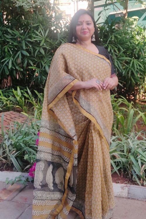 KHAT COLLECTION MUSTARD HANDBLOCK PRINTED KOTA DORIA SAREE