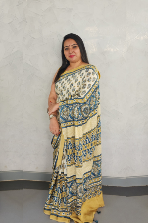 NATURAL DYES CREAM MUSTARD AJRAKH HANDBLOCK PRINTED SAREE