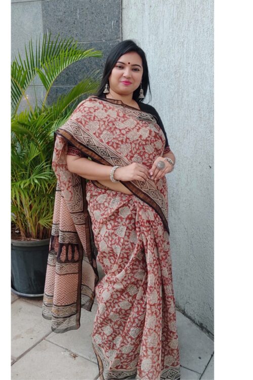 KHAT COLLECTION RUST FLORAL JAAL HANDBLOCK PRINTED KOTA DORIA SAREE