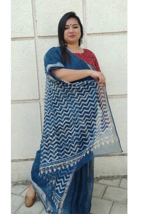 KHAT COLLECTION INDIGO GEO HANDBLOCK PRINTED KOTA DORIA SAREE