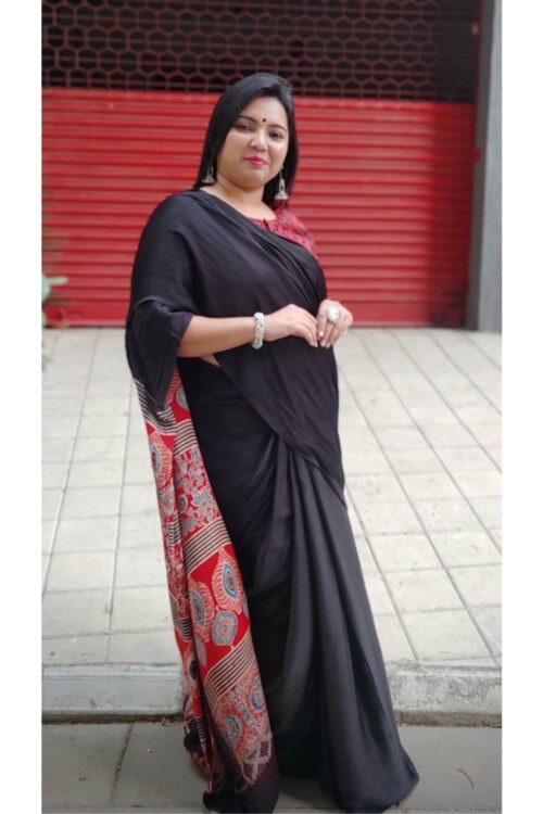 BLACK PLAIN AJRAKH HANDBLOCK PRINTED SAREE