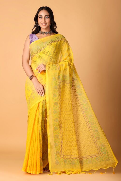 CHAPPAI COLLECTION-Sunkiss yellow Handblock printed saree