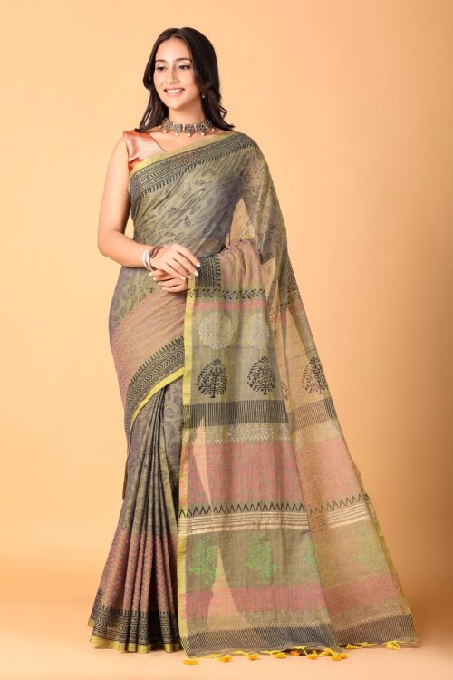 CHAPPAI COLLECTION-Beige Handblock printed saree