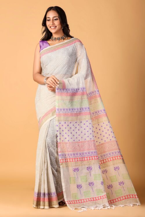 CHAPPAI COLLECTION-Safeed Dil Handblock printed saree