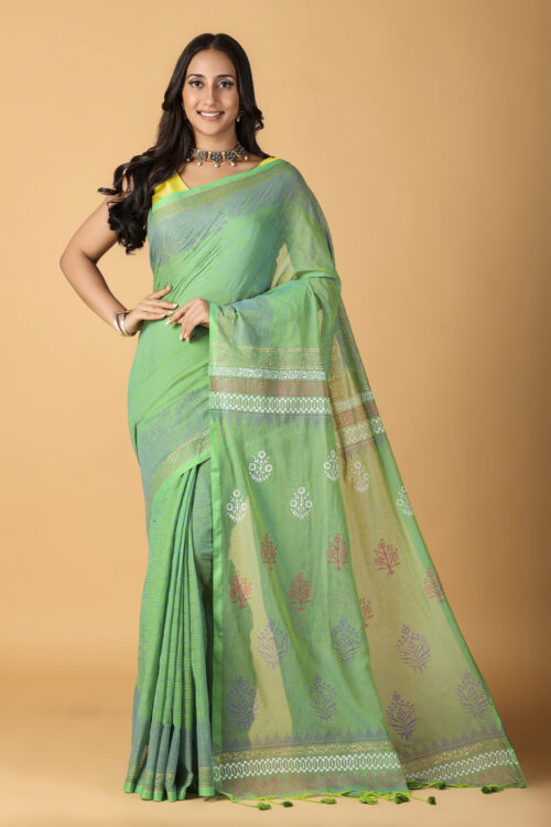 CHAPPAI COLLECTION-Pistachio Handblock printed saree