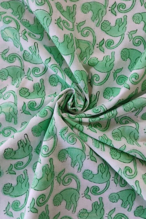 NEON GREEN MONKEY HANDBLOCK PRINTED COTTON FABRIC