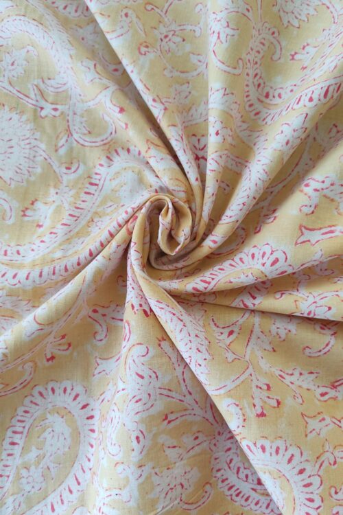 YELLOW FLORAL JAAL HANDBLOCK PRINTED COTTON FABRIC