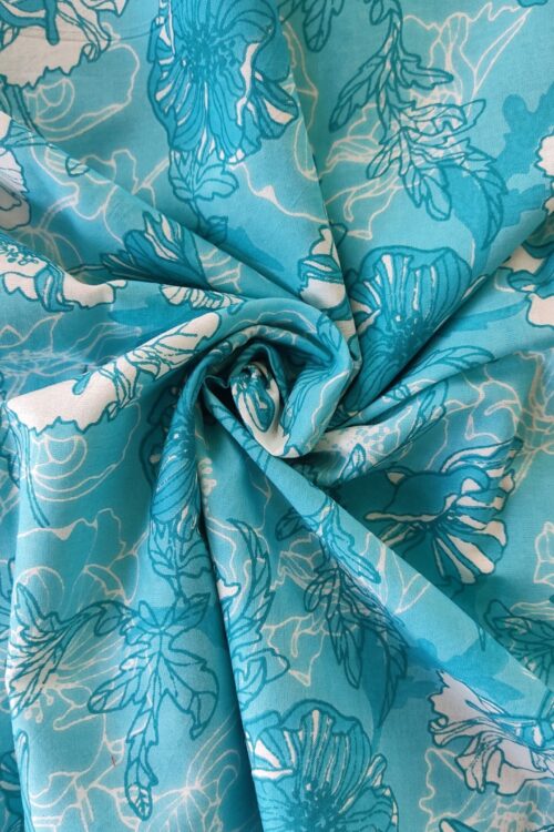 BLUE FLORAL HANDBLOCK PRINTED COTTON FABRIC