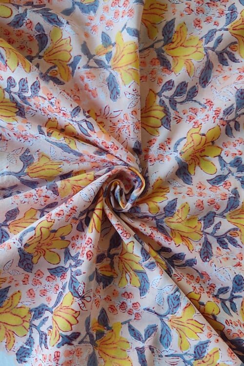 PEACH YELLOW FLORAL JAAL HANDBLOCK PRINTED COTTON FABRIC