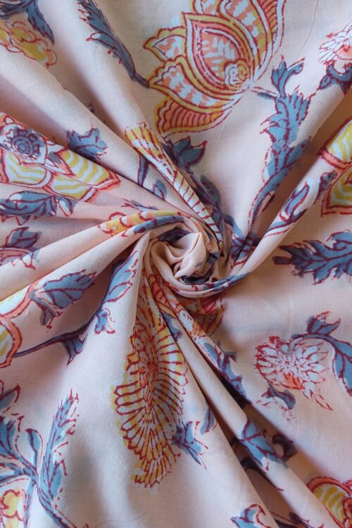 PEACH FLOWER JAAL HANDBLOCK PRINTED COTTON FABRIC