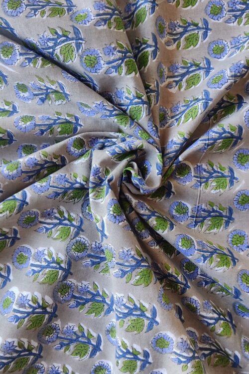 GREY FLORAL BUTTI HANDBLOCK PRINTED COTTON FABRIC